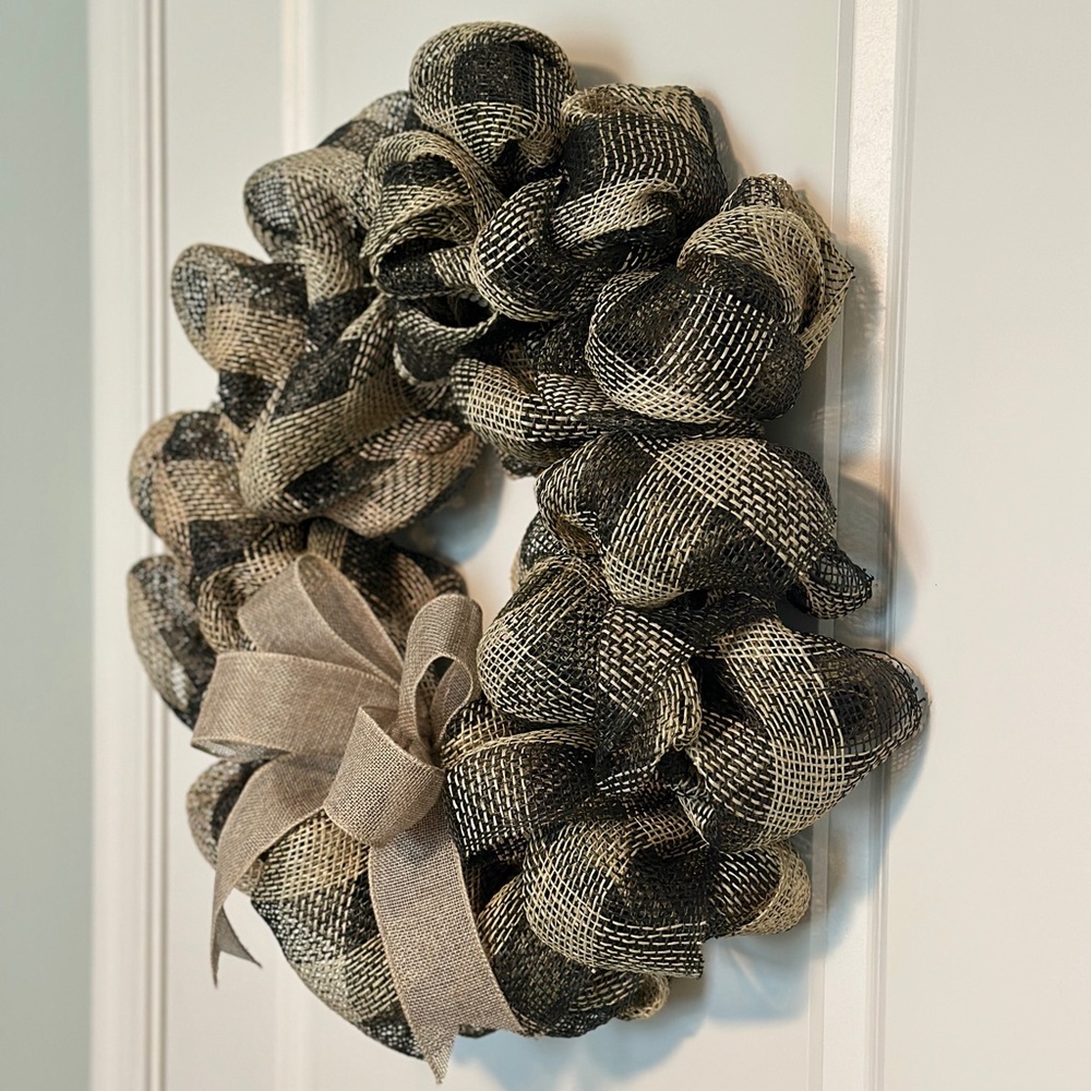 Rustic Handmade Fall Farmhouse Wreath, Black & Tan Buffalo Check with Burlap Bow - Picture 5 of 6